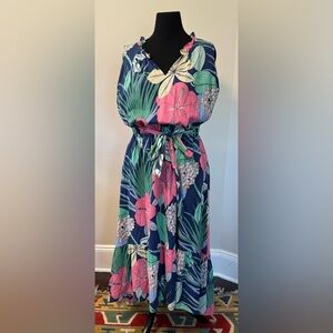 Talbots tropical print, high-low, ruffle hem cotton midi/maxi dress, 20W, EUC